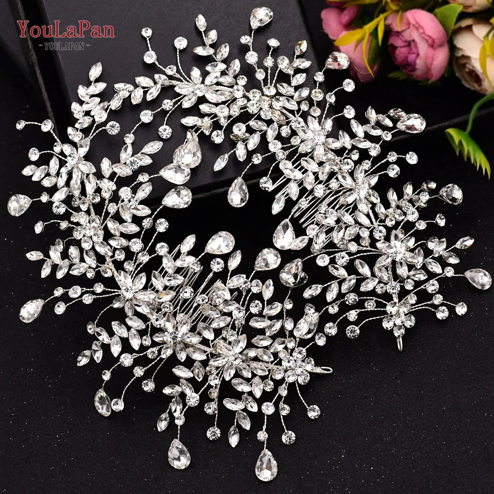 YouLaPan HP379 Silver Crystal Hair Clip for Wedding Hair Comb Tiara Rhinestone Flower Wedding Accessories for Brides