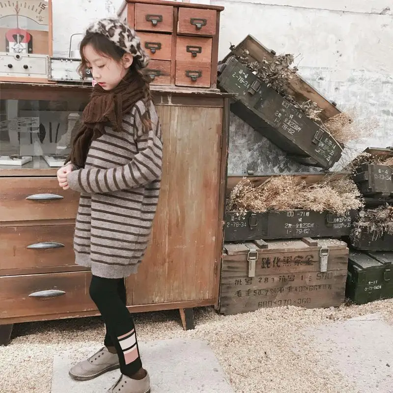 Autumn Winter Kids Girls Casual Knitted Dress Chidldren Striped O-Neck Long Sleeve Sweater Dresses Teen Girls Clothing K101