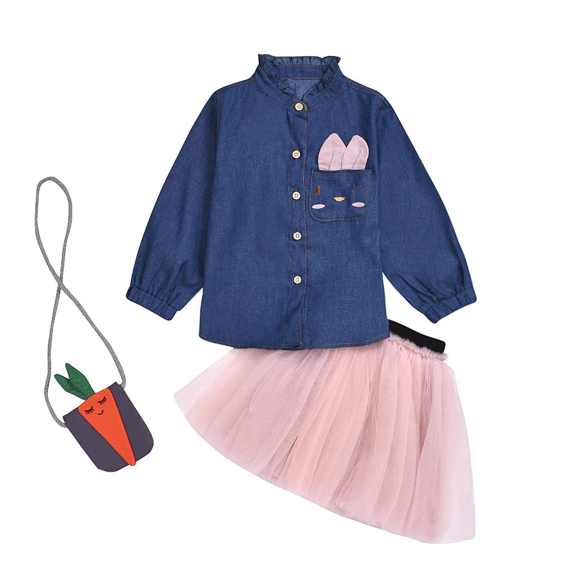 Little Girls Clothing Sets Denim shirt Tutu Skirt 2pcs Pink Princes Children Clothing For Girls Sets Rabbit Carrot Bag