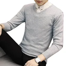 Новинка, тонкий вязаный кашемировый шерстяной свитер, мужские топы, пуловеры, Осень-зима, теплый повседневный Однотонный свитер с v-образным вырезом и длинным рукавом