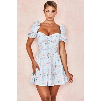 

Women's 2020 Summer New Printed Dress Fashion Floral Wrapped Chest Short Sleeve Dress Sexy Backless Slim Mini Dress