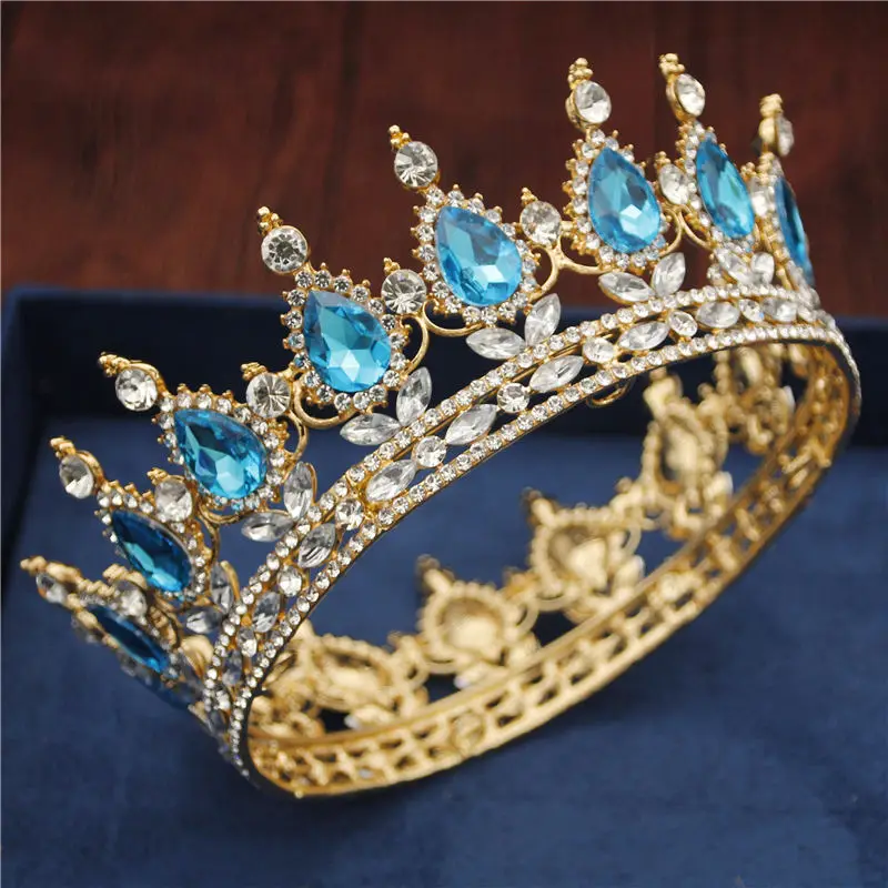 Gold Light Blue Барокко Серебряный свадебный венец со стразами королевская королева диадема украшение для головы тиары и короны свадебные аксессуары для волос - Окраска металла: Gold Light Blue