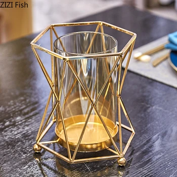 Creativity Glass Transparent Geometry Golden Metal Frame Flower Vase 4