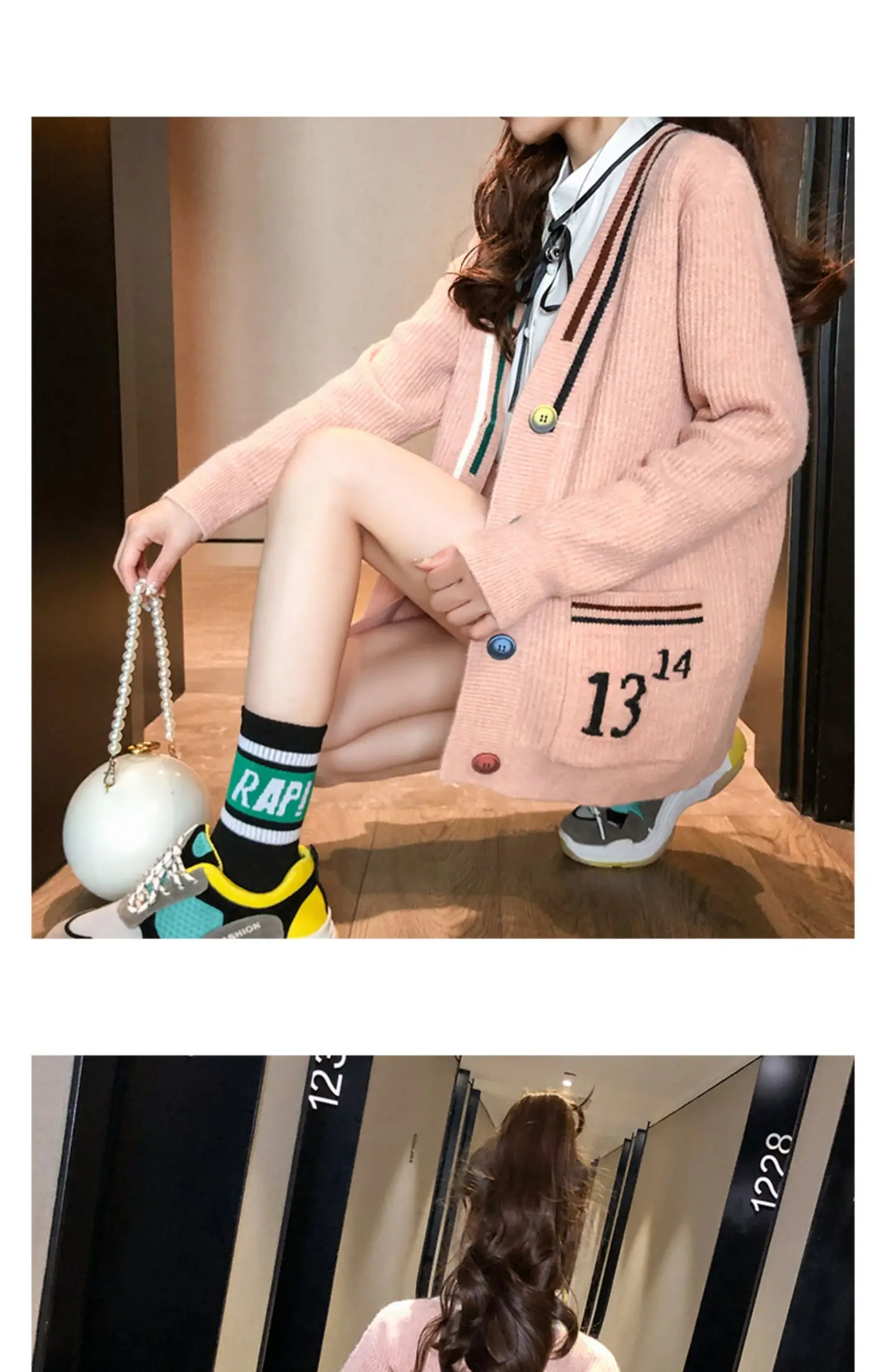 V-neck sweater coat female autumn outfit new han edition easy lazy wind plus a fairy joker knitted cardigan