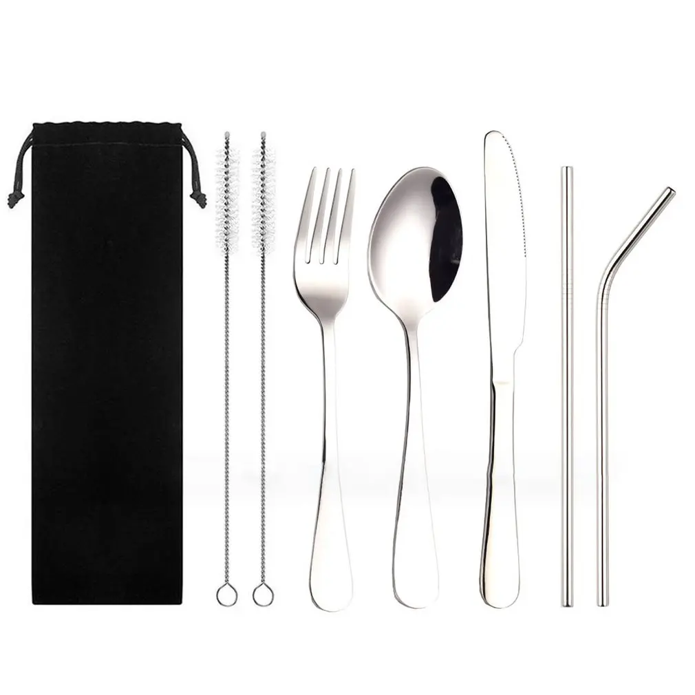 Серебристый 6pcs Stainless Steel Dinnerware Set Spoon Fork Chopsticks Straw With Cloth Pack For Travel Outdoor Office Picnic BBQ - Цвет: Серебристый