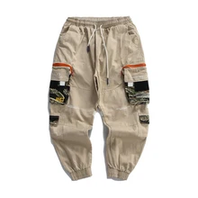Высококачественные мужские брюки-карго из хлопка с множеством карманов, мужские повседневные брюки, черные, оранжевые мешковатые брюки, брюки для бега, весна