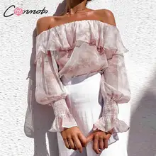 Conmoto, сексуальная Прозрачная женская блузка с открытыми плечами, модная, винтажная, с рюшами, с рукавом-фонариком, летняя, праздничная, женская рубашка