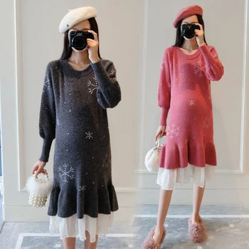 

Women Korean Autumn Sweater Dress Long Sleeve Ruffle Snowflake Maternity Clothes Dress Pregnancy Pregnant Woman Long Pullovers