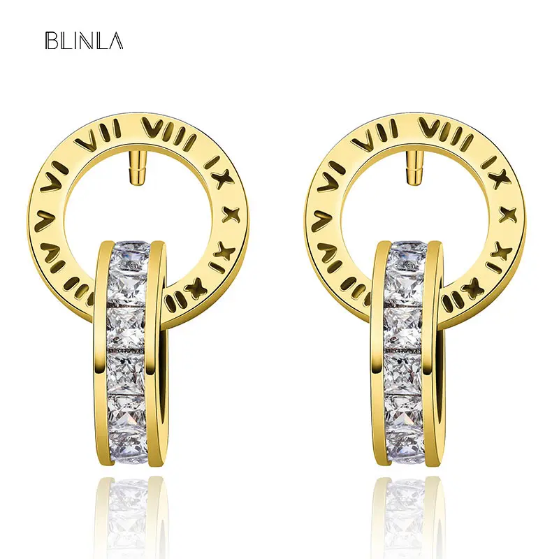 BLINLA модные роскошные корейские круглые серьги-гвоздики с римскими цифрами для женщин браслет для мужчин золотые серебряные циркониевые серьги ювелирные изделия - Окраска металла: Gold