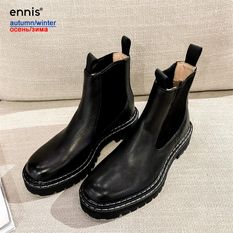 Black Plush Inside ENNIS/Брендовые женские ботильоны; ботинки из натуральной кожи на платформе без застежки; сезон осень-зима; ботинки на плоской подошве; цвет черный, бежевый; Новинка; A9208 - Цвет: Black Plush Inside