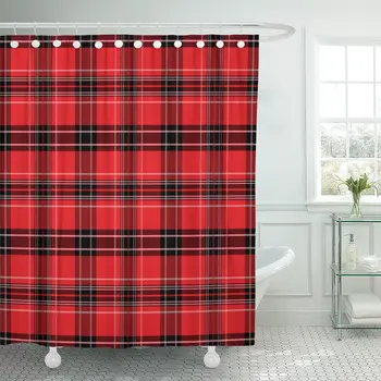 

Tan Border Tartan Pattern Checkered Red Home Check Flannel Shower Curtain Waterproof Polyester Fabric 72 x 78 inches Set with Ho