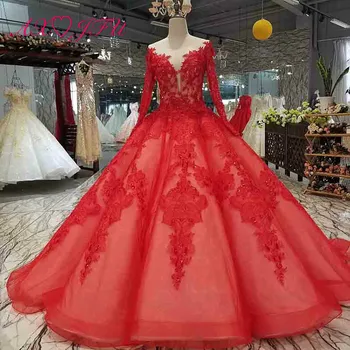 شراءAXJFU الفاخرة الأميرة الخرز الكريستال الأحمر الدانتيل س الرقبة العروس سباركلي الوهم العروس زهرة زهرة طويلة الأكمام فستان الزفاف 0014
