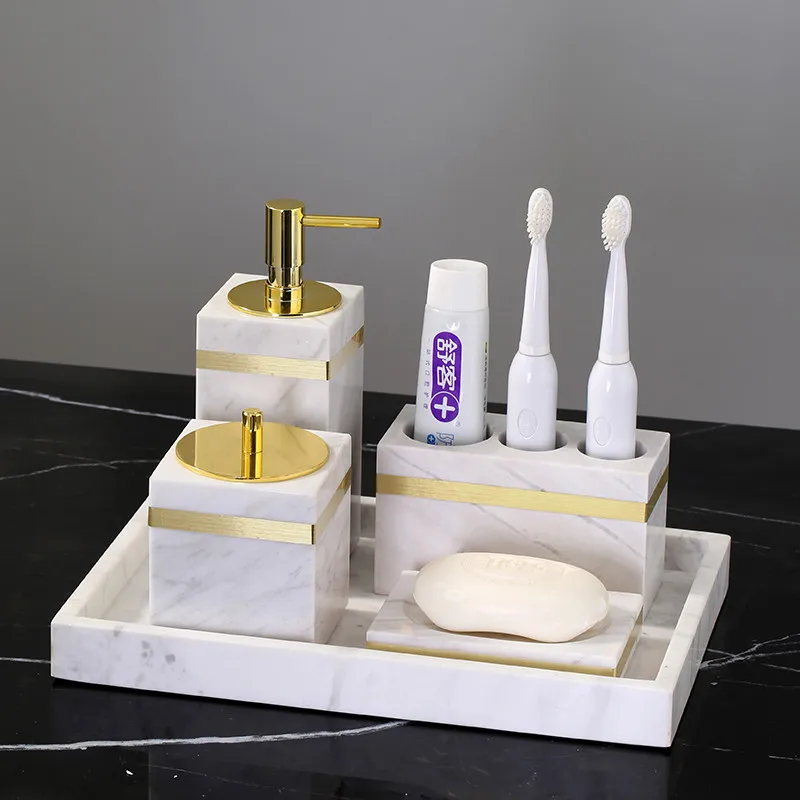 Bathroom Accessories Marble Soap Dispensers/Dish Toothbrush Holder Gargle Cups Tray Wedding Gifts Gold Head White By Piece