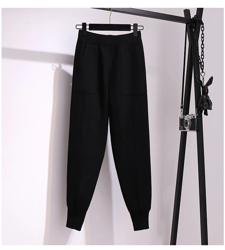 plus size spring autumn winter women clothes vintage skinny ladies high waisted knitted wide-legged pants female K0485