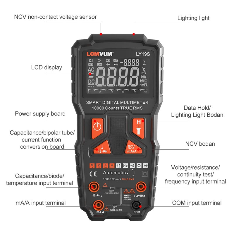 LOMVUM NCV Цифровой мультиметр 10000 отсчетов Автоматический диапазон AC/DC измеритель напряжения вспышка светильник задний светильник большой экран