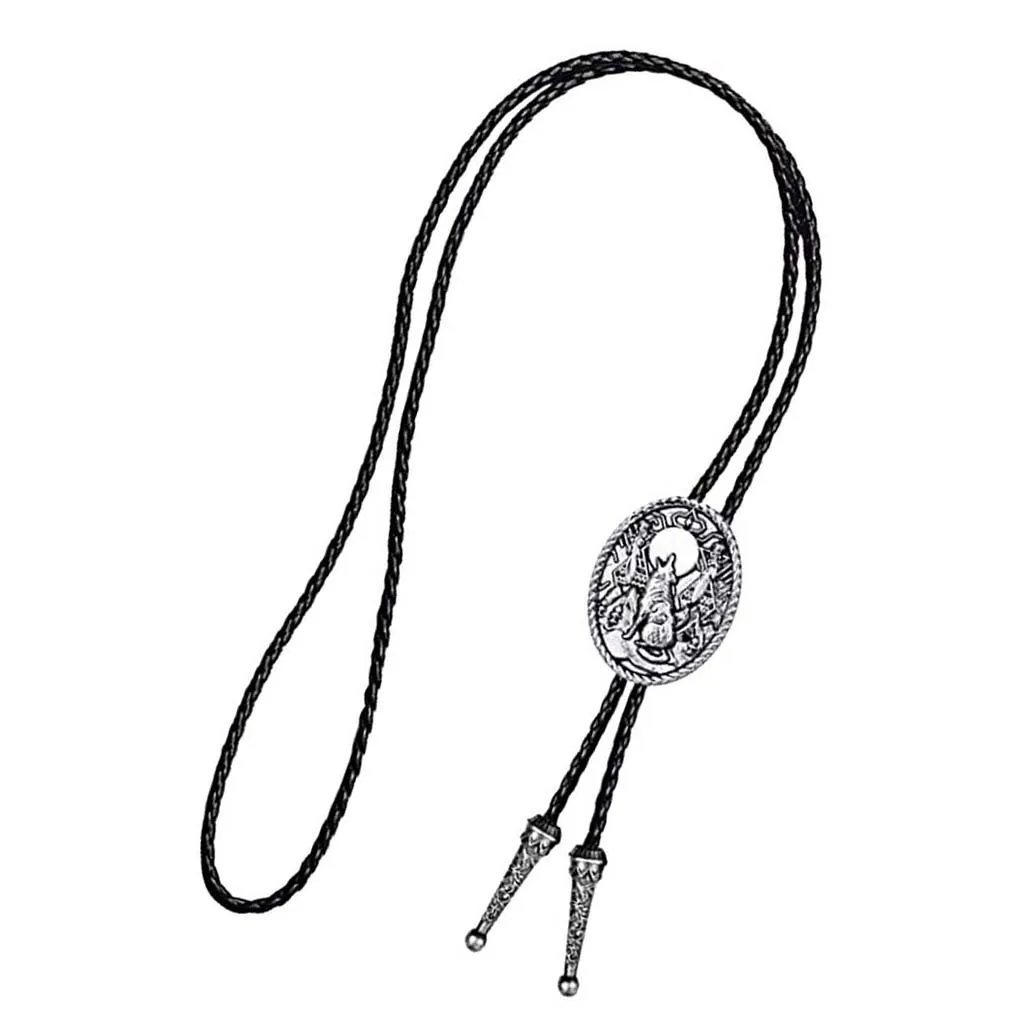 Vintage Wolf Howling Design Cowboy Rodeo Bolo Tie Bow Tie Pu Leather Necktie for Shirt Business Suit Leisure Clothes