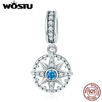 WOSTU-Plata de Ley 925 auténtica con brújula azul Original, Charm fit Bead Bracelet collar DIY Crystal Jewelry Gift CQC847
