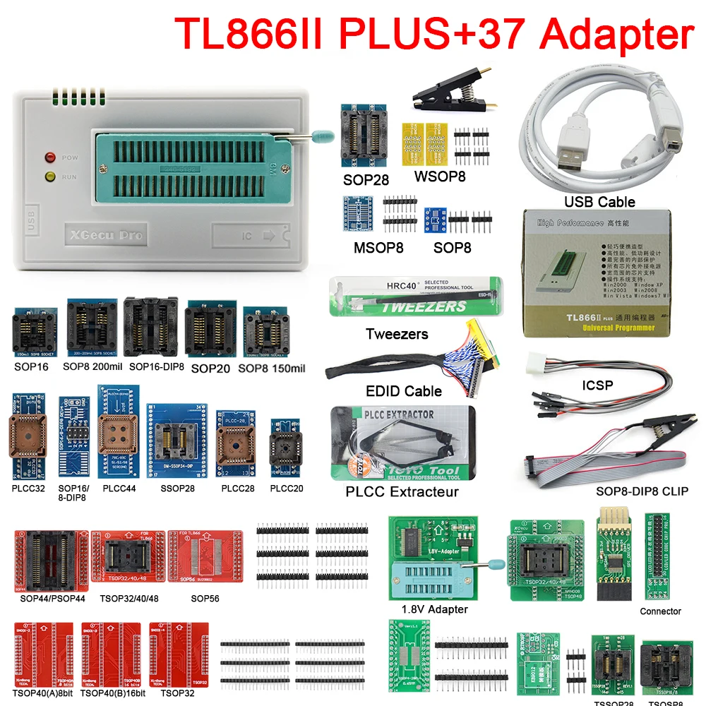 100% Original Newest TL866II Plus Universal Minipro Programmer+37 Full Adapters+Test Clip TL866 PIC Bios High speed Programmer