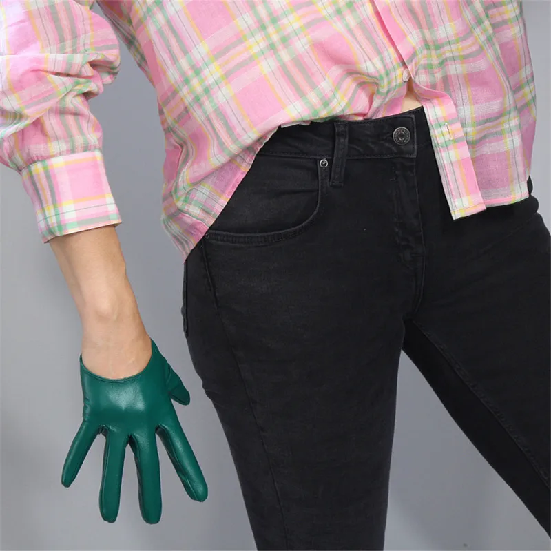 Кожаные перчатки для сенсорного экрана длиной 2" 50 см из имитации кожи ягненка темно-зеленые женские перчатки с длинным рукавом WPU162 - Цвет: 13cm dark green