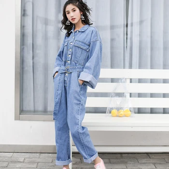 

2020 ropa de mujer de primavera Vintage plus size blue denim jumpsuit with belt for women loose big pocket casual jean jumpsuits