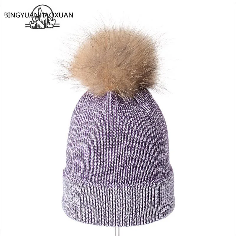 Women Beanies Raccoon Fur Pom Poms Wool Hat Beanie Knitted Skullies Fashion Caps Ladies Knit Cap Winter Hats For Women
