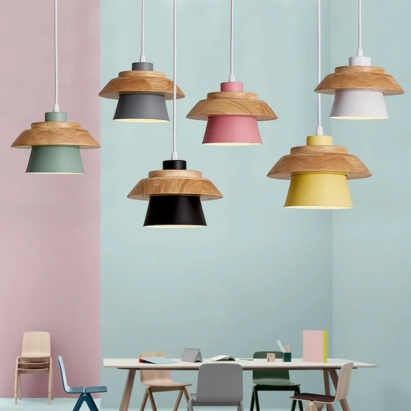 The Nordic modern minimalist bedroom small chandelier iron wood bowl hall creative personality Macarons restaurant LED MJ1012 | Лампы и