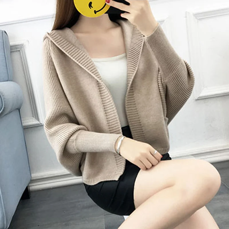 Tide Autumn New Casual Knitted Cardigans Women Fashion Hooded Loose Long Sleeve Short Sweater Women