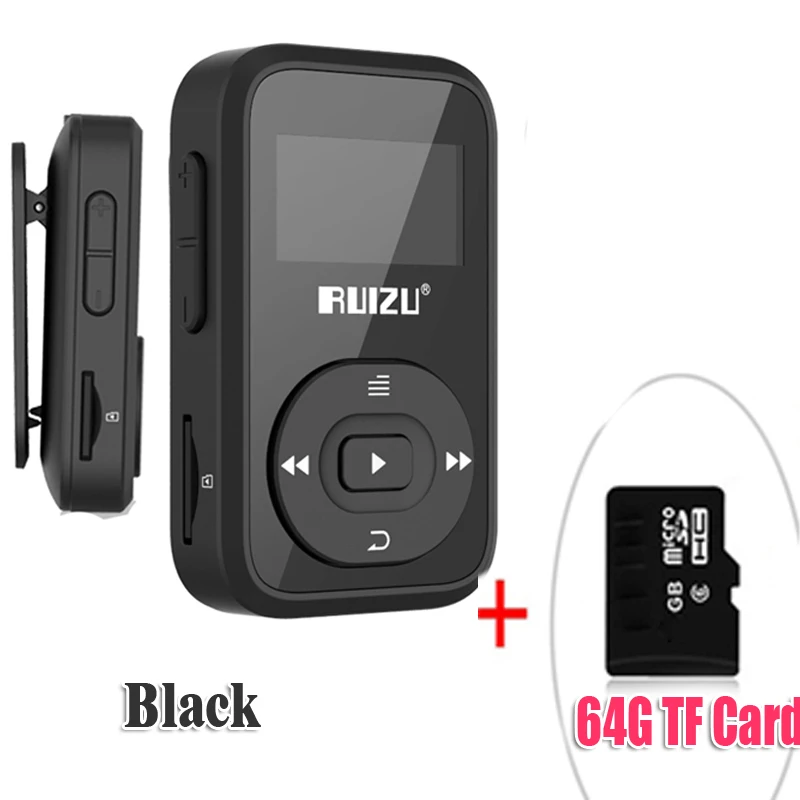 Новое поступление, Спортивный MP3 плеер RUIZU X26, Bluetooth, 8 ГБ, мини-клип с поддержкой экрана, FM, запись, электронная книга, часы, шагомер - Цвет: BlackWith64GBTFcard