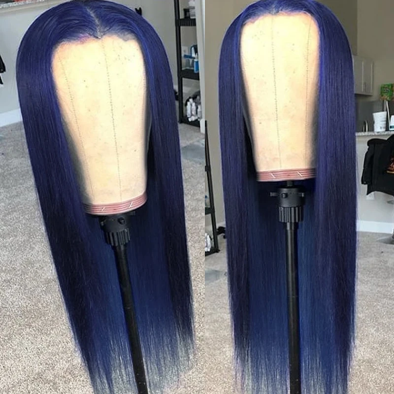Blue 180% Density 26 Inch Long Straight Synthetic Lace Front Wig For Black Women Babyhair Preplucked  Daily Cosplay