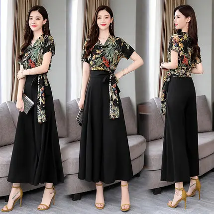 summer new ladies fashion temperament print chiffon drape wide leg pants two-piece suit - Color: 3