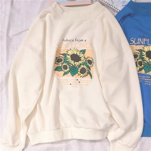 Beige Sweatshirt Свитшот с подсолнухом, женский свободный пуловер с длинным рукавом, круглым вырезом и буквенным принтом, повседневный Топ, Женский Топ Harajuku, новинка, осень - Цвет: Beige Sweatshirt