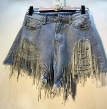 

Rhinestone 2021 Spring Summer Heavy Tassels Nail Diamond Beads High Thin Waist Light Blue Denim Shorts Women Sexy Club Wear New