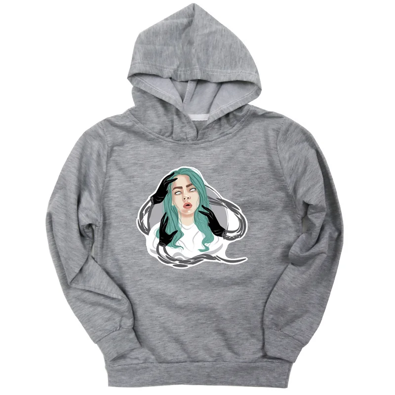 Billie Eilish/сезон весна-осень; детская толстовка с принтом; тонкая спортивная одежда для детей; Повседневная Толстовка с капюшоном для мальчиков и девочек; крутой пуловер - Цвет: style 1 - gray
