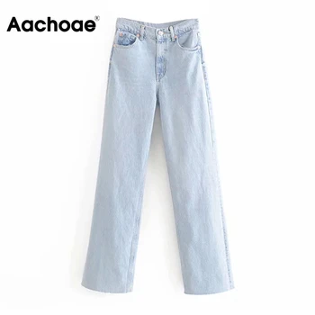 

Aachoae Women Streetwear Blue Mom Jeans 2020 Fashion High Waist Pockets Long Pants Ladies Casual Straight Denim Trousers Bottoms