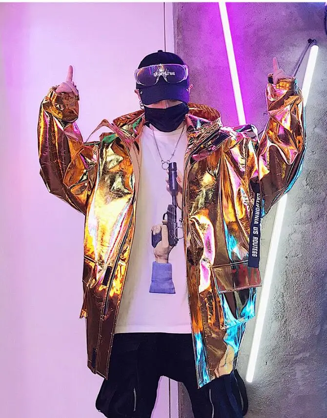 S-XXL! Мужская Глянцевая кожаная куртка в стиле хип-хоп для ночного клуба, сценический костюм, серебряная куртка с капюшоном, красивая мужская одежда