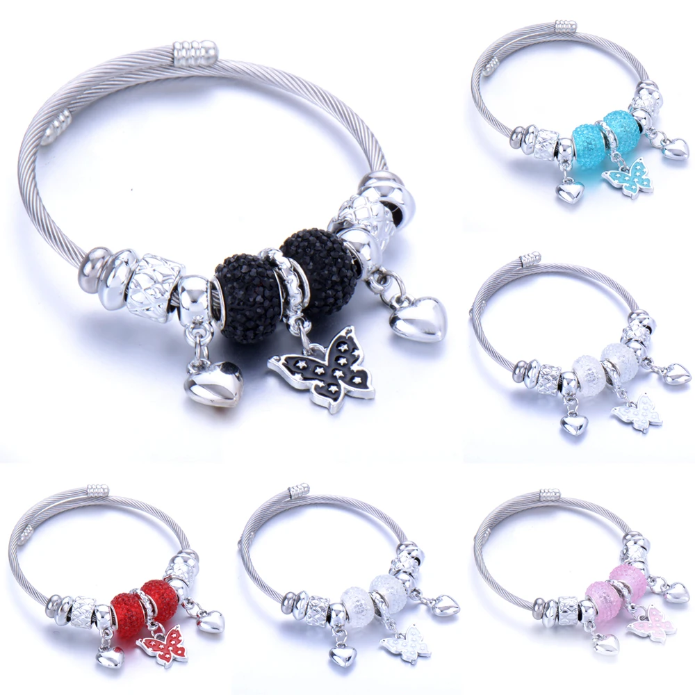 Pulsera ajustable de acero inoxidable abierto con cuentas, brazalete de mariposa, corazón de amor, regalo de joyería para niña