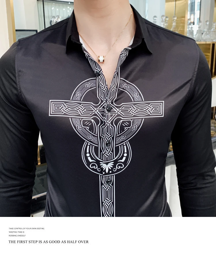 Camisa Homem Prom Camisa Masculina, осенняя рубашка с цветочным принтом, рубашка с принтом в виде креста, мужская рубашка с длинными рукавами, DJ Singer