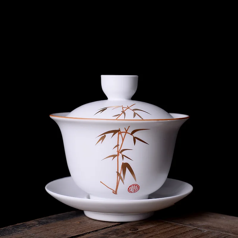 Матовая белая керамическая чашка для чая, китайский чайный сервиз Sancai Gaiwan, 180 мл, чайная кофейная чашка и блюдце, набор, чайная супница с крышкой, Подарочный фарфор