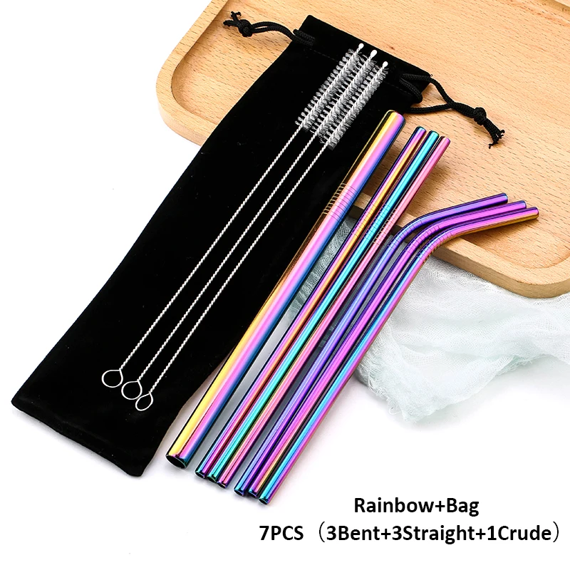 16 Rainbow Bag Многоразовые металлические трубочки для питья 304 нержавеющая сталь прочная изогнутая прямая соломинка для напитков с чистящей щеткой вечерние аксессуары - Цвет: 16 Rainbow Bag