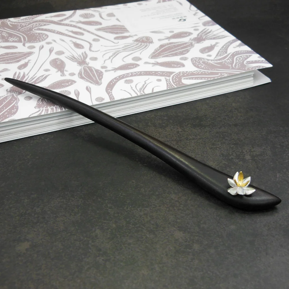 

3d Lotus Silver Ebony Hairstick Vintage Chinese Hairpin Wooden Hair Fork Women Hair Accessories Hair Pin 18cm WIGO1105