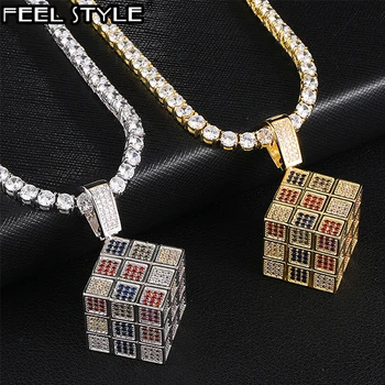 

Bling Iced Out Square Dice Copper Gold Gold Cubic Zircon Necklaces &Pendants For Men Hip Hop Jewelry With Tennis Chain