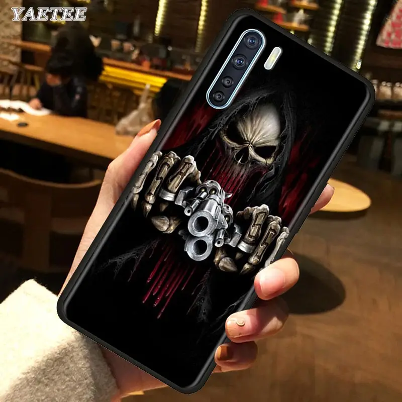 Черный силиконовый чехол Grim reaper skull skeleton для Oppo A5 A9 A31 A52 A72 A92s F15 Reno 3 Pro Find x2 Ace2 мягкий