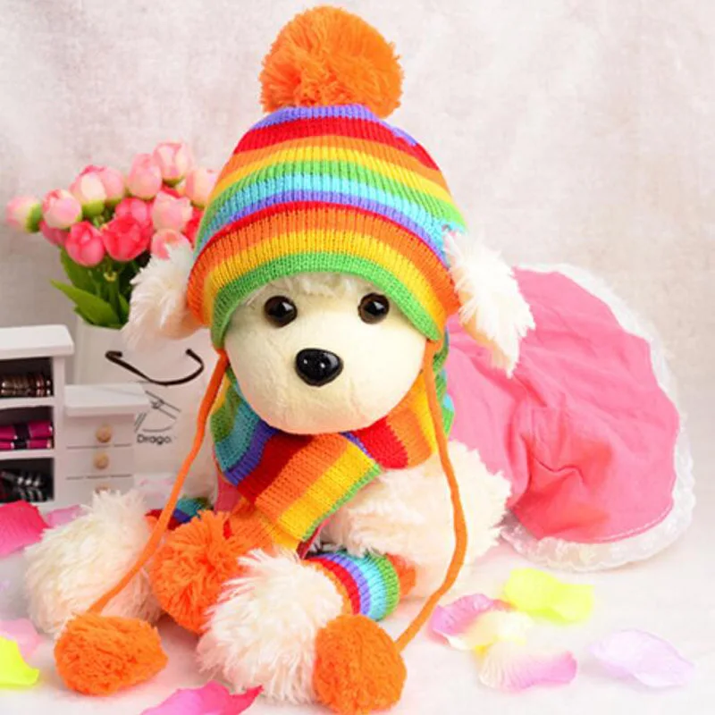 Rainbow 3 шт./компл. собака Кепки трикотажные полосатые Шляпы шарф носки для собак животных Собака зима йоркширского терьера корги собака щенок наряд костюм - Цвет: Rainbow