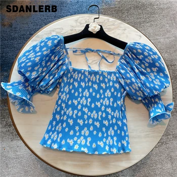 

Crop Top Women Summer Blouse New Lantern Puff Sleeve Daisy Printed Short Chiffon Shirt Girls Ladies Blouses Tops Blusa -