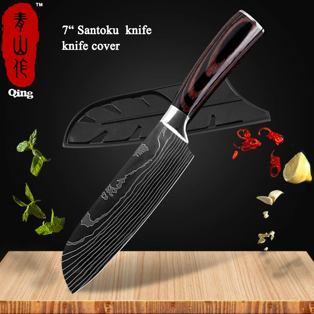 7 inch Santoku Knife Бренд Qing 8 дюймов японские кухонные ножи лазерный дамасский нож шеф-повара острый нож Santoku Кливер нож для нарезки нож инструмент - Цвет: 7 inch Santoku Knife