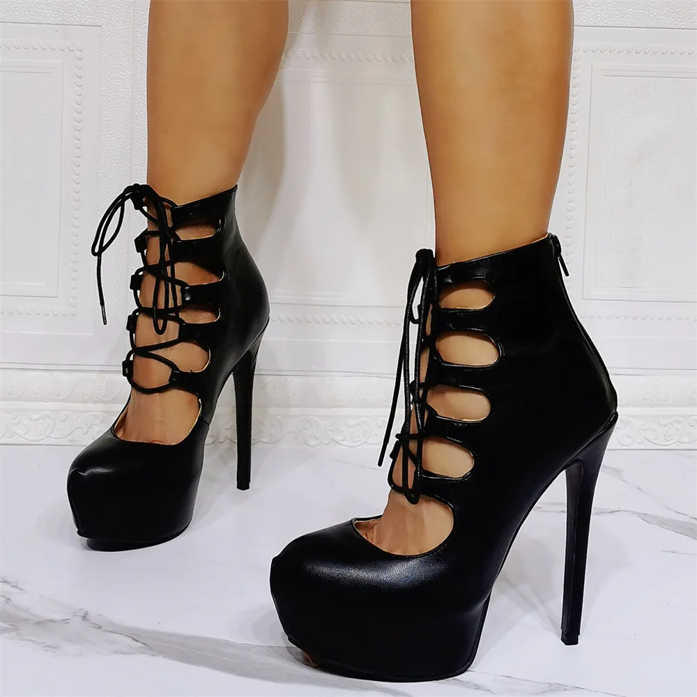 Kolnoo New Hot Style Womens High Heel Pumps Sexy Platform Crisscross Shoelace Faux Black Leather Evening Fashion Court Shoes