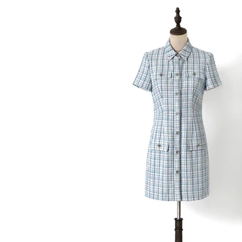 

New pure and fresh and pale blue French perfume elegant wind show thin aura high commuter short sleeved dress