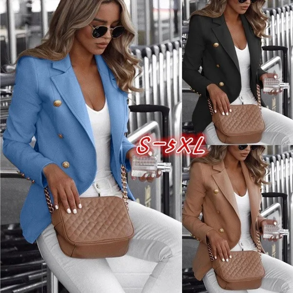 

Plus Size Suit Autumn Long-Sleeved Double-Breasted Solid Color Stand-Up Collar Small Suit Abrigos Casual Blazer Women Clothing