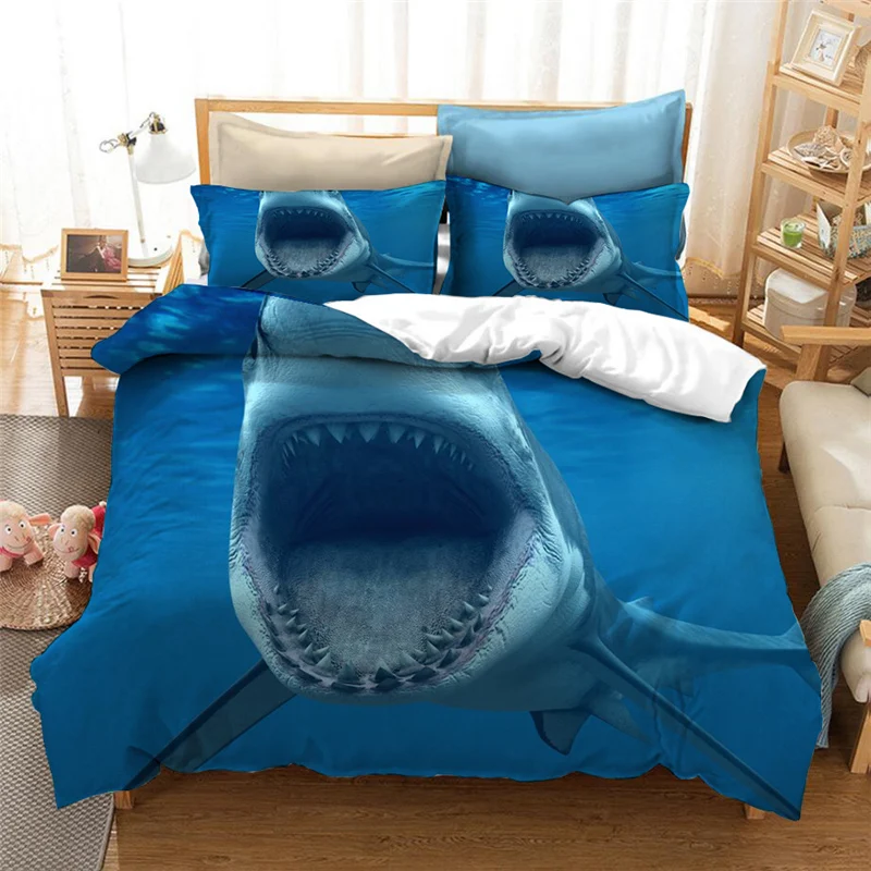 Cartoon Animal Shark Fish Duvet Cover Bedding Set Kids Boys Blue Sea Comforter Bed Bedclothes Quilt (NO Sheet) AYR | Дом и сад
