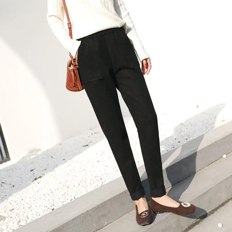 Зимние женские штаны с высокой талией, бархатные утепленные шерстяные шаровары, элегантные офисные шерстяные теплые штаны, женские длинные брюки C5988 - Цвет: black no velvet